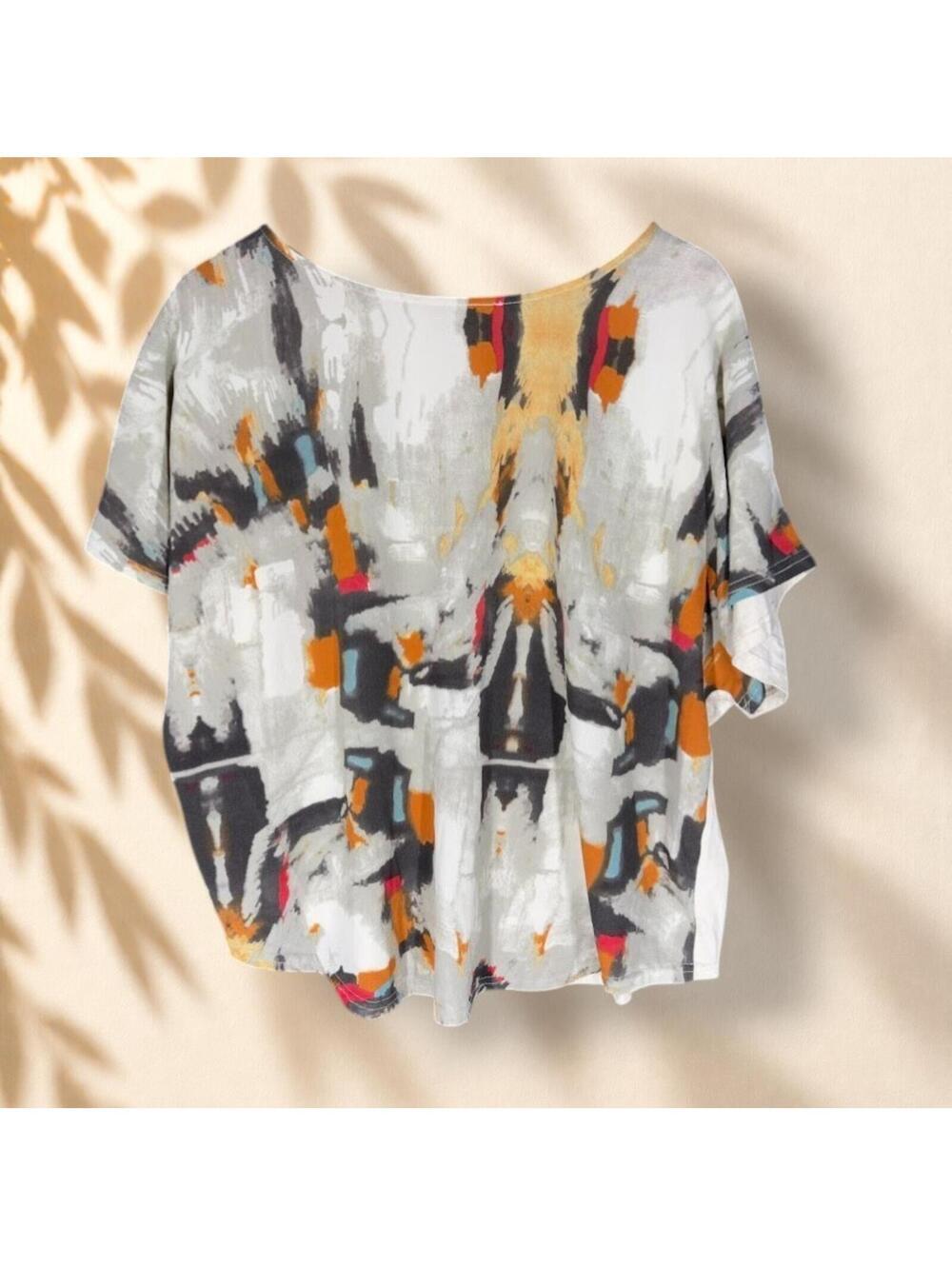 New Direction Blouse Women XL Gray Geometric Short Sleeve Round Neck Cotton